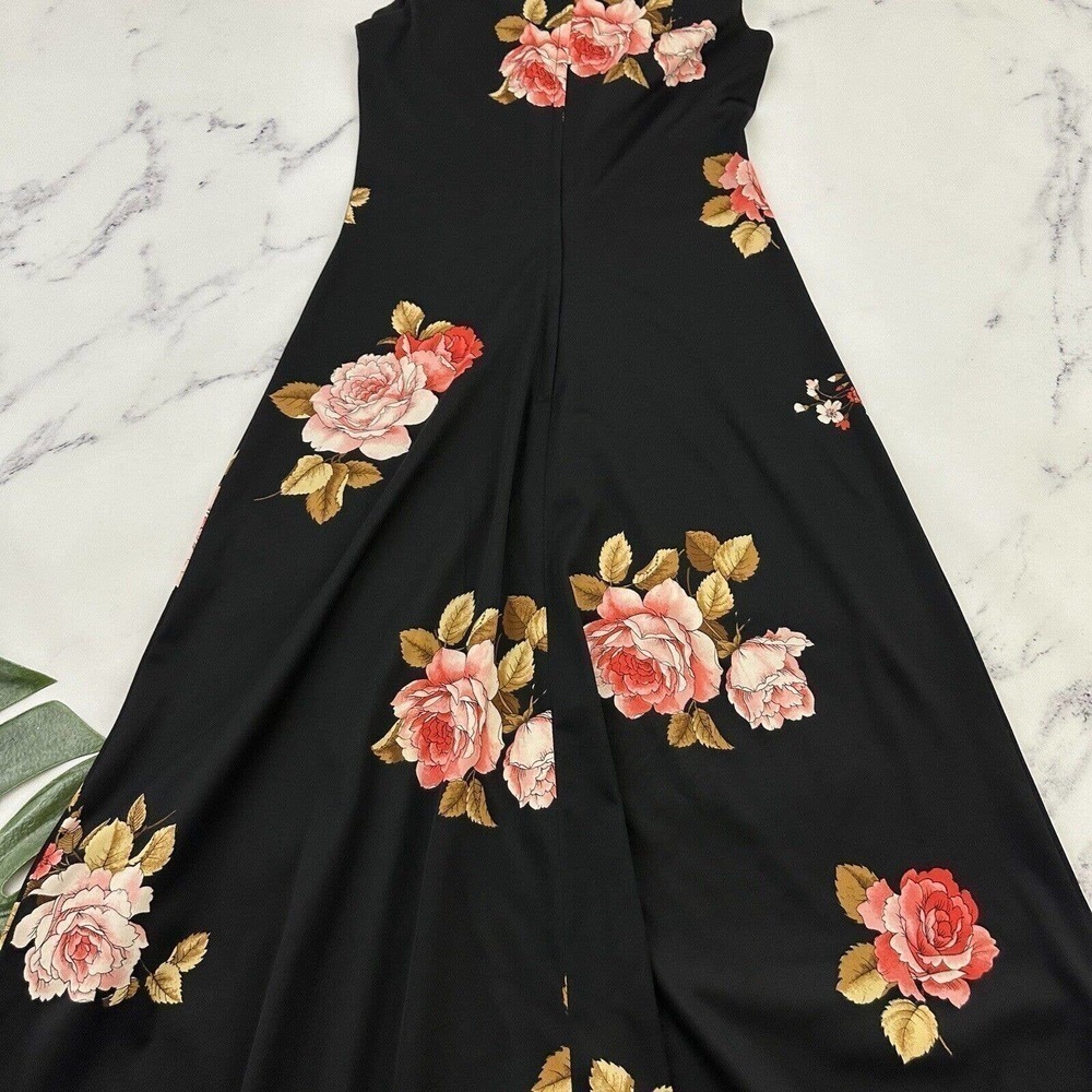 Mister Robert Womens Vintage Maxi Dress M Black Pink Rose Floral High Neck 70s - Picture 9 of 10